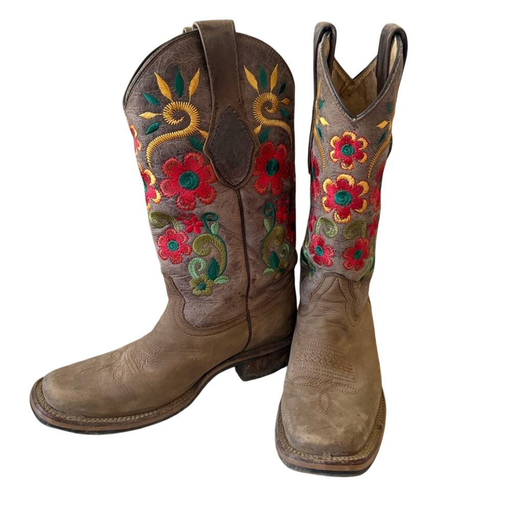 Tombstone Embroidered Flowers Leather Boots Women’s 7